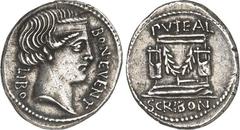 RÖMER RÖMISCHE REPUBLIK : Silbermünzen. Lucius Scribonius Libo 62 v. Chr. Denar 3,89g. BON EVENT vor Kopf Bonus eventus n. r., dahinter LIBO / PVTEAL SCRIBON Puteal scribonianum, geschmückt mit 2 Lyre