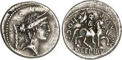 RÖMER RÖMISCHE REPUBLIK : Silbermünzen. Marcus Aemilius Lepidus 61 v. Chr. Denar (subaerat) 3,18g. Weibl. Kopf mit Lorbeer-Diadem n.r.; l. Palmzweig / Equus Marci Aemilii Lepidi n.r.; unten M. LEPIDVS