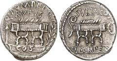 RÖMER RÖMISCHE REPUBLIK : Silbermünzen. Quintus Pompeius Rufus 54 v. Chr. Denar 3,74g, Rom. Sella curulis mit Pulvinar zw. Pfeil u. Lorbeerzweig Q. POMPEI. Q. F. - RVFVS - COS / SVLLA CIS - Q. POMPEI.