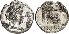 RÖMER RÖMISCHE REPUBLIK : Silbermünzen. Marcus Porcius Cato 47-46 v. Chr. Denar 3,20g Mzst. in Africa (wohl Utica). Drapierte Büste der Roma mit Haarband n.r., dahinter, z.T. ligiert, ROMA; darunter M
