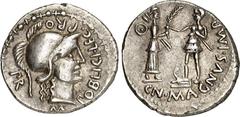 RÖMER IMPERATORISCHE PRÄGUNGEN. GNAEUS POMPEIUS MAGNUS (iunior) 48-45 v. Chr. Denar (46/45 v.Chr.) 3,79g, mobile Armeemünzstätte in Spanien. Kopf der Roma mit Helm n.r. M POBLICI LEG PRO - PR / CN MAG