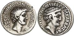 RÖMER IMPERATORISCHE PRÄGUNGEN. MARCUS ANTONIUS und "CAESAR" (Augustus) 44-31 v. Chr. Denar (41 v.Chr.) 3,81g, mobile Mzst. des Marc Anton. Kopf n.r. M. ANT. IMP. AVG. III. VIR. R.P.C. M. BARBAT. Q. P