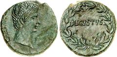 RÖMER RÖMISCHES KAISERREICH. AUGUSTUS 27 v. Chr. -14 n. Chr. AE-As 25mm 9,73g, Antiochia in Syrien. Kopf n.r. CAESAR / AVGVSTVS im Lorbeerkranz. RIC 486 (Ephesus), BMC 731, RPC 2235. . grüne Patina, F