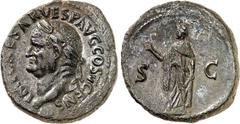 RÖMER RÖMISCHES KAISERREICH. VESPASIANUS 69-79. AE-As (74) 28mm 11,50g. Kopf m. Lorbeerkranz n.l. IMP CAESAR VESP AVG COS V CENS / S - C Spes schreitet n.l. RIC neu 731 (560), BMC 703. . dunkelgrüne P