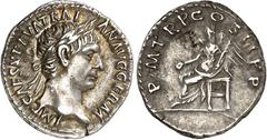RÖMER RÖMISCHES KAISERREICH. TRAIANUS 98-117. Denar (2./10.98) 3,27g. Kopf m. Lorbeerkranz n.r. IMP CAES NERVA TRAIAN AVG GERM / PMTR P COS II PP Viktoria sitzt n.l., hält Palmzweig und Schale. RIC 10