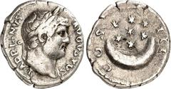 RÖMER RÖMISCHES KAISERREICH. HADRIANUS 117-138. Denar (125/128) 18mm 3,10g. Kopf m. Pallium h. Hals u. Lkr. n.r. HADRIANVS - AVGVSTVS / COS - III Siebengestirn über liegender Mondsichel. RIC 202, BMC 