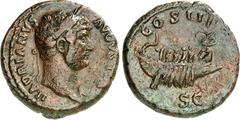 RÖMER RÖMISCHES KAISERREICH. HADRIANUS 117-138. AE-As (125/128) 27mm 12,11g. Kopf m. Pallium hinter Hals m. Lorbeerkranz n.r. HADRIANVS - AVGVSTVS / COS III - S C Galeere wird von (4 sichtbaren) Matro