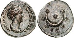 RÖMER RÖMISCHES KAISERREICH. Diva Faustina senior z.Z. Antoninus Pius 141/161. AE-As 29/27mm 8,89g. Pallabüste n.r. DIVA AVGVS-TA FAVSTINA / Liegende Mondsichel im Siebengestirn; unten S C. RIC 1199, 