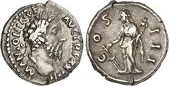 RÖMER RÖMISCHES KAISERREICH. MARCUS AURELIUS, Augustus 161-180. Denar (170) 19mm 3,43g. Kopf m. Lkr. n.r. M ANTONINVS AVG - TRP XXIIII / C O S - III Fortuna steht n.l. RIC 215, BMC 512, C. 136. .