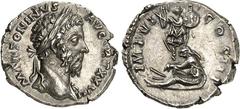 RÖMER RÖMISCHES KAISERREICH. MARCUS AURELIUS, Augustus 161-180. Denar (173) 3,62g. Belorbeerte bärtige Büste n. r. M ANTONINVS AVG TRP XXVII / IMP VI COS III Trophäe, zu Füßen Germane n. links zwische