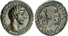 RÖMER RÖMISCHES KAISERREICH. MARCUS AURELIUS, Augustus 161-180. AE-As (161) 27/25mm 12,37g. Barhäutiger Kopf n.r. IMP CAES M AVREL ANTONINVS AVG PM / CONCORD AVGVSTOR TRP XV Marc Aurel lund L. Verus r