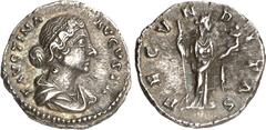 RÖMER RÖMISCHES KAISERREICH. Faustina iunior z.Z. Antoninus Pius 145-161. Denar (156/161) 3,12g. Pallabüste m. Perlenkette n.r. FAVSTINA - AVGVSTA / FECVNDITAS Faustina-Fecunditas steht m. Sceptrum u.