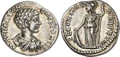 RÖMER RÖMISCHES KAISERREICH. Caracalla, Caesar 196-198. Denar (196) 2,99g. Büste mit Paludamentum n.r. M AVR ANTON CAES PONTIF / SECVRITAS PERPETVA Minerva steht n. halblinks, stützt r. Hand auf Schil