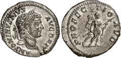 RÖMER RÖMISCHES KAISERREICH. CARACALLA, Augustus 198-217. Denar (213) 3,35g. Kopf m. Lkr. n.r. ANTONINVS PIVS AVG BRIT / PROFECTIO - AVG Caracalla steht in Rüstung mit Speer n.r.; dahinter Signifer mi