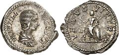 RÖMER RÖMISCHES KAISERREICH. Plautilla, Gemahlin des Caracalla 202-205. Denar (204) 3,64g. Pallabüste n. rechts PLAVTILLA - AVGVSTA / VENVS VICTRIX Venus steht mit Schild, Palmzweig und Apfel v.vorn, 