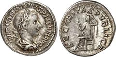 RÖMER RÖMISCHES KAISERREICH. GORDIANUS III. Augustus 238-244. Denar (Ende 239/240) Paludamentbüste m. Lkr. n.r. IMP GORDIANVS PIVS FEL AVG / SECVRITAS PVBLICA Securitas thront n.l. RIC 130, C. 340. .