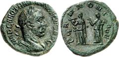 RÖMER RÖMISCHES KAISERREICH. TRAIANUS DECIUS 249-251. AE-Sesterz 28/29 18,53g. Panzerbüste m. Lkr. n.r. IMP [C M] Q TRAIANVS DECIVS AVG / P-ANNONIA-E - S - C Pannoniae stehen m. Signa, grüßend, n.l. R