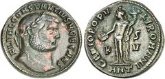 RÖMER RÖMISCHES KAISERREICH. Constantius I. Chlorus Caesar 293-305. AE-Follis 25mm (Herbst 301) 8,67g, Antiochia, 6. Off. Kopf m. Lorbeerkranz n. r. FL VAL CONSTANTIVS NOB CAES / GENIO POPV-LI ROMANI 
