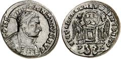 RÖMER RÖMISCHES KAISERREICH. CONSTANTINUS I. der Große, Augustus 306(310)-337. AE-Follis 18mm (320) 3,12g, Lyon. Behelmte gepanzerte Büste n.r. CONSTANTINVS AVG / VICTORIAE LAET PRINC PERP Zwei Viktor