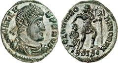 RÖMER RÖMISCHES KAISERREICH. VALENS 364-378. AE-Centenionalis 17mm (364/367) 2,08g, Siscia, 2. Off. Paludamentbüste m. Perlendiadem n.r. D N VALEN-S P F AVG / GLORIA ROMANORVM Herrscher mit Standarte 