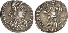 RÖMER RÖMISCHES KAISERREICH. HONORIUS 393-423. Siliqua 1,18g, Mailand. Paludamentbüste m. Perlendiadem n.r. D N HONORI-VS P F AVG / VIRTVS RO-MANORVM Roma victrix sitzt n.l., hält Viktoriola und Zepte