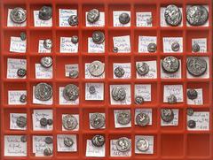 LOTS DER ANTIKE GRIECHEN. Allgemein: Silbermünzen. Sammellot 48 Silbermünzen meist kleinste Nominale: Hemiobole, Tetrobole, Obole, Diobole, Hemidrachmen, Drachmen, Statere 6-23mm: THRAKIEN Apolonia Po