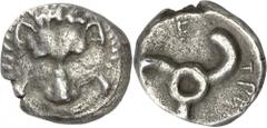 LYKIEN Trbbenimi von Zemu (Limyra) 380 v. Chr. Trite (1/3 Stater) 3,27g. Löwenkopf v.oben / (lykisch:) TRB-[BYN-EM]E Triskelis. SNG v.Aul. 4215-4218, BMC 4215-4218, SNG Cop. - , Bab.Traité 475 Tf. 103