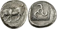GRIECHEN LYKIEN Unbekannte Stadtkönige 500-480 v. Chr. Stater 8,05g. Bache schreitet n.l. / in Plinthe: Dreihakenring. SNG v.Aul. - , Vismara II 132, 69 Tf. 9. Slg.Maag -  RR ss