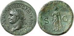 RÖMER RÖMISCHES KAISERREICH AE-Sesterz (80/81) 26,08g. Kopf m. Lkr. n.l. IM[P T C]AES VESP AVG P M TR P P P COS VIII / S - C Spes schreitet n.l. RIC 100, neu 170, BMC 185, C. 222. dunkelgrüne Patina, 