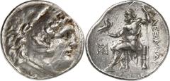 Tetradrachmon, postum (282/225 v.Chr.) 16,9g, Magnesia ad Maeandrum. Kopf des jugendlichen Herakles im Löwenfell n.r. / ALEXANDROU Zeus Aetophoros sitzt auf hochlehnigem Thron n.l., davor Monogramm, u