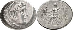 Tetradrachmon ("24"= 189/188 v.Chr.) 16,80g, ASPENDOS. Herakleskleskopf n.r.; ovaler Gegenstempel mit Seleukidenanker / [A]LEXANDP[oY] Zeus aetophoros thront n.l.: l.  AS über KD. Price 2903.
