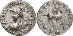 Tetradrachmon 9,28g, Pushkalavati. Behelmte Büste mit Wurfspieß n.l. BASILEWS - ANIKHToY - FILOXENoY / Karosthi-Us. König auf steigendem Ross n.r.; unten S u. Monogramm. Mitch. 343g.