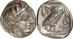 ATTIKA Tetradrachmon (430/412 v.Chr.) 17,22g. Athenakopf m. Helm u. Ölkranz n.r. / Im Quadrat: Eule steht n.r. r. ??? l. Mondsichel u. Ölzweig. Svor. 12.12-24. feines Stück mit prächtiger Eule, vz