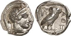 GRIECHEN ATTIKA. ATHEN. Tetradrachmon (430/412 v.Chr.) 17,3g. Athenakopf m. Helm u. Ölkranz n.r. / Im Quadrat: Eule steht n.r.; r. AQE; l. Mondsichel u. Ölzweig. Svor. 12.12-24. . vz