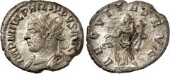 RÖMER RÖMISCHES KAISERREICH. PHILIPPUS I. Arabs 244-249. Antoninian (245/247) 2.26g, Antiochia. Panzerbüste mit Strahlenkrone n. l. IMP M IVL PHILIP PVS AVG / AEQ VITAS AVG Aequitas steht mit Füllhorn