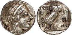 GRIECHEN ATTIKA. ATHEN. Tetradrachmon (460/450 v.Chr.) 16,5g. Kopf der Athena mit Helm und Ölkranz n.r. / Im Quadrat: Eule steht n.r., Kopf v.v.; davor AQE; dahinter Mondsichel und Ölzweig. Svor. Tf.1