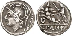 RÖMER RÖMISCHE REPUBLIK : Silbermünzen. Lucius Iulius Lucii filius Caesar 103 v. Chr. Denar (Charge 16) 3,98g. Marskopf n.l.; r. CAESAR / Venus genetrix in Cupidines-Biga n.l.; l. Lya; oben .L; unten 