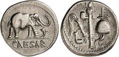 RÖMER IMPERATORISCHE PRÄGUNGEN. GAIUS IULIUS CAESAR 100-44 v. Chr. Denar (49/48 v.Chr.) 3,55g, Feldmünzstätte. Elefant schreitet n.r. und tritt auf Schlange; unten CAESAR / Sakralgerät. Cr. 443/1, BMC