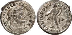 RÖMER RÖMISCHES KAISERREICH. DIOCLETIANUS Iovius 284-305. AE-Follis 27mm (303/305) 8,70g, Trier, 1. Off. Panzerbüste m. Lkr. n.r. IMP DIOCLETIANVS AVG / GENIO POPV-LI ROMANI Genius steht n.l.; im Feld