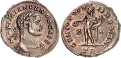 RÖMER RÖMISCHES KAISERREICH. Maximianus II. Galerius Caesar 293-305. AE-Follis 26mm (298/299) 11,61g, Trier, 2. Off. Panzerbüste mit Lkr. n.r. MAXIMIANVS NOB CAES / GENIO POPV-LI ROMANI Genius steht n