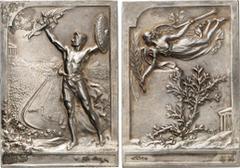 MEDAILLEN SPORT. OLYMPISCHE SPIELE. ATHEN - Zwischenolympiade 1906. Plakette o.J. (1906) (v. P. Vannier) z. Erinnerung. Mit Schwert u. Schild bewaffneter Athlet vor Ansicht d. Olympiastadions mit Akro