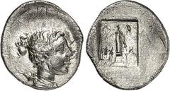 GRIECHEN LYKIEN. LYKISCHER BUND: (MYRA für die) MASIKYTEN. Trihemiobelion (48/27 v.Chr.) 1,07g. Artemiskopf n.r. / In Plinthe: L-Y - M-A Parazonion. Troxell 135. . R l.Rs.Doppelschlag, vz- R l.Rs.Dopp