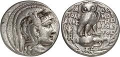 GRIECHEN ATTIKA. ATHEN. Tetradrachmon 157/156 v.Chr.) 16,51g, Polemon, Alketes. Kopf der Athena mit dreibuschigem Pegasos-Helm n.r. / AQE Eule steht auf liegender Amphora n.r., Kopf v.v.; daneben POLE