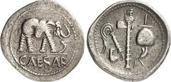 RÖMER IMPERATORISCHE PRÄGUNGEN. GAIUS IULIUS CAESAR 100-44 v. Chr. Denar (49/48 v.Chr.) 3,70g, Feldmünzstätte. Elefant schreitet n.r. und tritt auf Schlange; unten CAESAR / Sakralgerät. Cr. 443/1, BMC