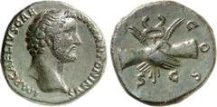 RÖMER RÖMISCHES KAISERREICH. Antoninus Pius Caesar (138). AE-As (2./7.138) 10,71g. Barhäuptiger Kopf n. r. IMPT AELIVS CAESAR ANTONINVS / [TRIB POT] COS SC Handschlag um Caduceus und Kornähren. RIC 10