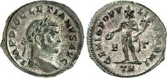 RÖMER RÖMISCHES KAISERREICH. DIOCLETIANUS Iovius 284-305. AE-Follis 26/25mm (296/297) 9,21g, Trier. Kopf mit Lorbeerkranz n.r. IMP DIOCLETIANVS AVG / GENIO POPV-LI ROMANI Genius steht nackt, mit Modiu