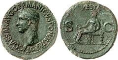 RÖMER RÖMISCHES KAISERREICH. CALIGULA 37-41. AE-As (37/38) 11,03g. Kopf n.l. C CAESAR AVG GERMANICVS PON M TR POT / VESTA - S - C Vesta thront n.l. RIC 38, BMC 45, C. 27. . grüne raue Patina,