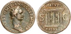 RÖMER RÖMISCHES KAISERREICH. DOMITIANUS, Augustus 81-96. AE-As (84) 11,43g. Kopf m. Aegis u. Lkr. n.r. IMP CAES DOMITIAN AVG GERM COS X / SALVTI - AVGVSTI - S - C Altar. RIC 251, BMC 293, C. 415, RIC 