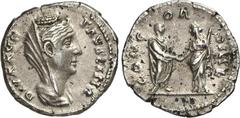 RÖMER RÖMISCHES KAISERREICH. Diva Faustina senior z.Z. Antoninus Pius 141/161. Denar 2,95g. Pallabüste, bedeckt, n.r. DIVA AVG - FAVSTINA / CONC-OR-DIAE Kaiserpaar beim Handschlag. RIC 381b, BMC 298 A