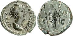 RÖMER RÖMISCHES KAISERREICH. Diva Faustina senior z.Z. Antoninus Pius 141/161. AE-Dupondius 11,97g. Pallabüste n.r. DIVA - FAVSTINA / AVGV-S T A - S - C Faustina-Vesta-Ceres steht m. Palladium u. Lang